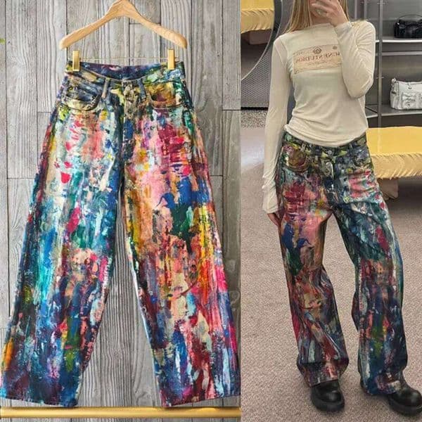 Aesthetic Painting Women Baggy Jeans Colorful Graffiti High Waist Wide Leg Denim Pants Long Trousers Unisex Streetwear Mdng26055