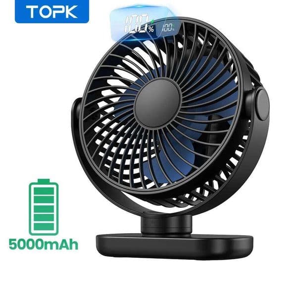 TOPK Portable Mini 5000mAh Rechargeable LED Display Table Desk 360Rotation Quiet Personal Electric Cooling Camping Fan