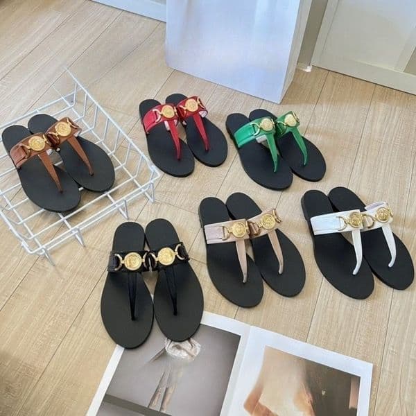 V Designer Shoes Women Medusa Luxury Rhinestone Buckle Bow Flip Flops, Non-Slip Embossed Flat Slide Sandals, Casual Summer Beach Slippers for Ladies Plus Size 36-42