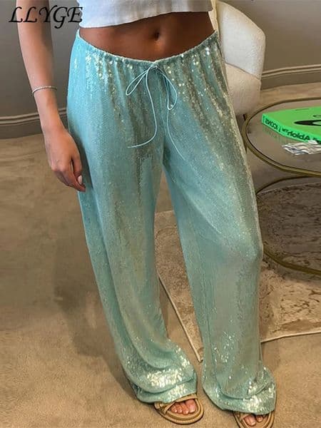 Street Sequin Lace Up Pants Women Elastic Low Waist Wide Leg Trousers Female Spring Summer Lady Shiny Party Club Clothes 260430