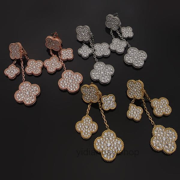 designer vanly cleeffly for women Jewelry Vc 4 Four-Leaf Flower Full Diamond Ear Clips Four-Flower Inlaid Diamond Earrings Ear Studs Ear Clips