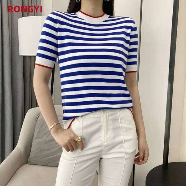 RONGYI Summer Women's O-Neck Striped 100% Cotton Short Sleeve T-Shirt With Loose Pullover Casual Knit Top 5 Sizes 26W0505