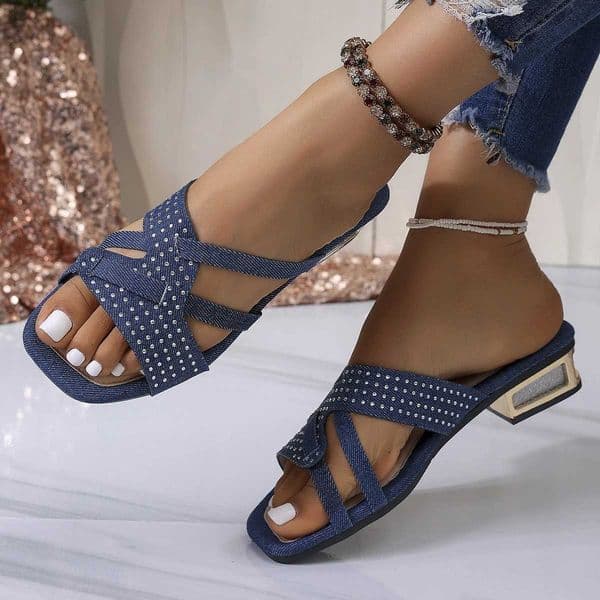 Womens Square Toe Denim Slide Sandals Rhinestone Decor Low Block Heel Slip on Slides Casual Summer Shoes X260504