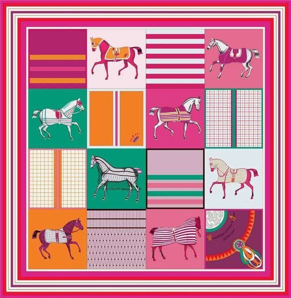90cm Classic Checkered Horse Brand Square Women Twill Silk Shawl Hijab Luxury Bandana Foulard Neckerchief Head Scarf 26L0505
