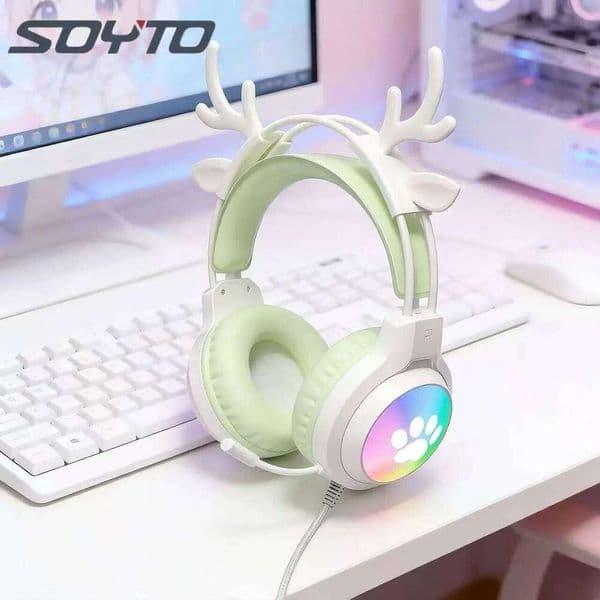 SOYTO RGB Wired Gaming Headset with Detachable Deer Ear Design for Desktop Notebook Universal Compatibility - Esports Headphones Y260525