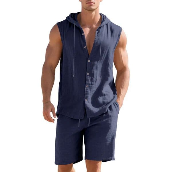 Summer loose-fit linen casual minimalist hooded sleeveless shirt and shorts two-piece set mens hoodie suit 260429