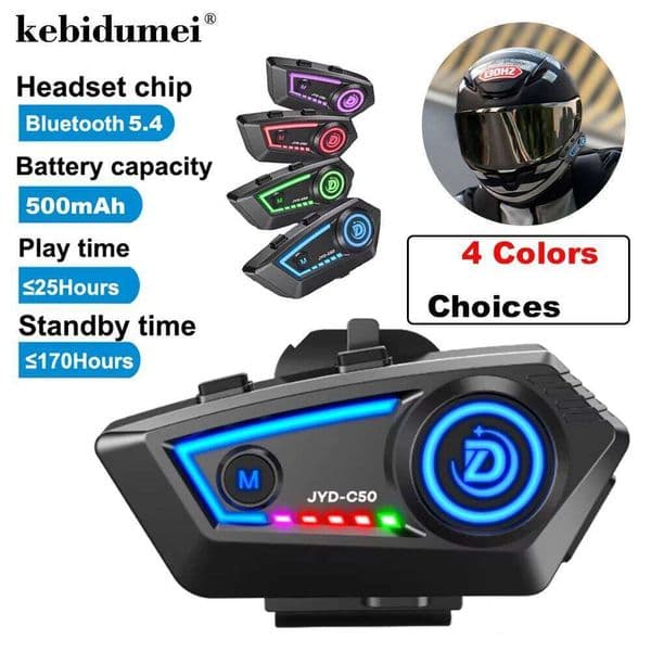 C50 Motorcycle Helmet Headset Bluetooth 5.4 Handsfree Call Wireless Noise Reduction Waterproof Headphone with RGB Light Earphone
