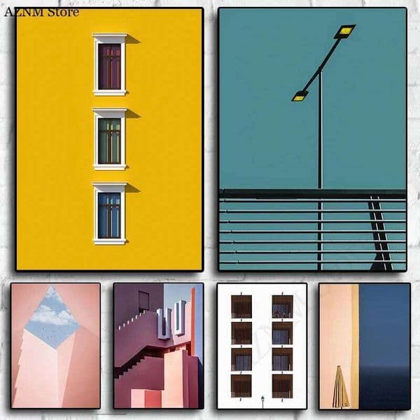 Minimalist Abstract Architecture Line Pink Stairs Three Windows Poster Printed Canvas Painting Wall Art Pictures Home Decor-1pcs 26H0505