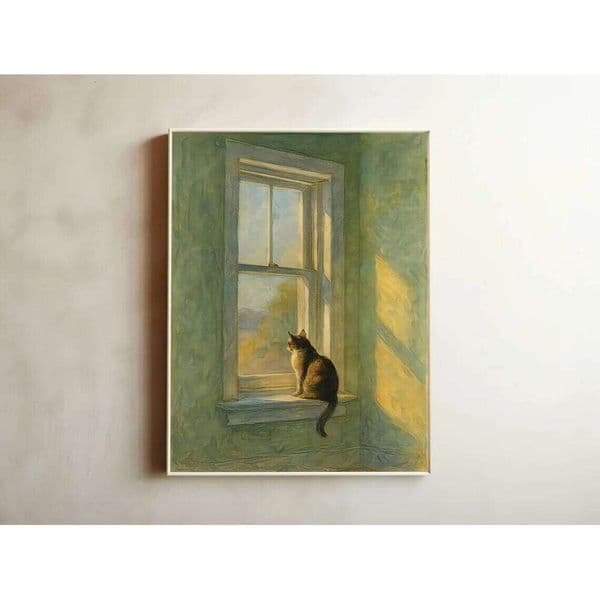Golden Hour Window Wall Art - Dreamy Watercolor Print of Cat on a Windowsill, with Soft Light and Pastel Hues, Calming Dec 26Y0505