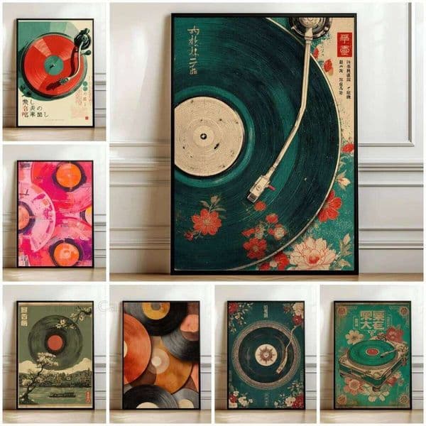 Japanese Turntable Wall Art Gift, Floral Vinyl Record Poster, Retro DJ Music Decor, Teal Green Vintage Audiophile Print Poster 26L0505