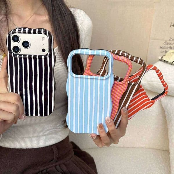 Fashion Wave Edge Hit Color Splice Brown Stripes Phone Case For iPhone 17 Air 16 15 14 13 Pro Max 2 IN 1 Shockproof Bumper Cover 26L0505