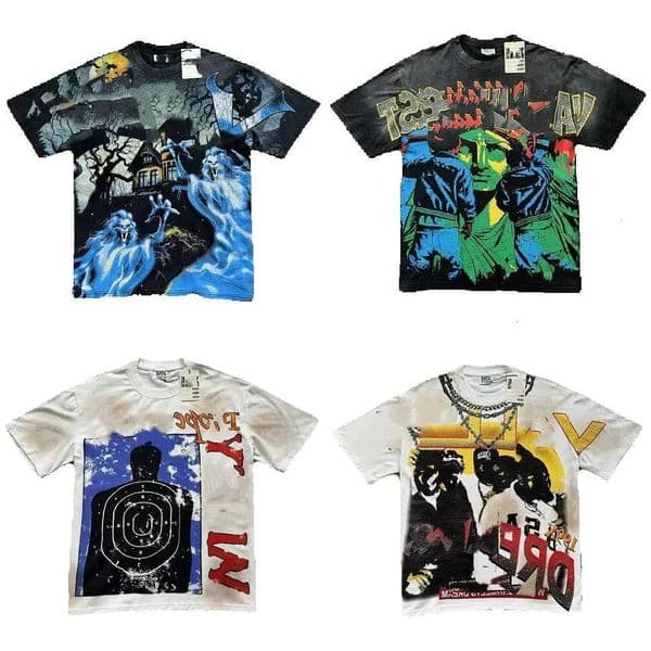Heat Embroidered Letter Men's Shirt High Quality American Hip Hop Pure Cotton Brushed Guitar Pattern Gothic Cotton Loose T Shirt 3Xl