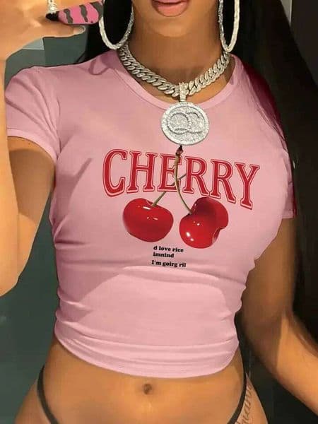 Fashion Cherry Print Crew Neck T-shirt Y2K Short Sleeve Tight Fit Crop Top Spring Summer Women's Clothing 26W0505