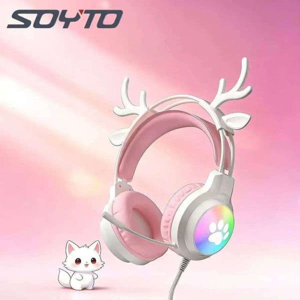 SOYTO Cute Cartoon Deer Ear RGB Wired Headset Glowing LED Over-Ear Headphones PC Laptop Ideal for FPS & PUBG Gaming