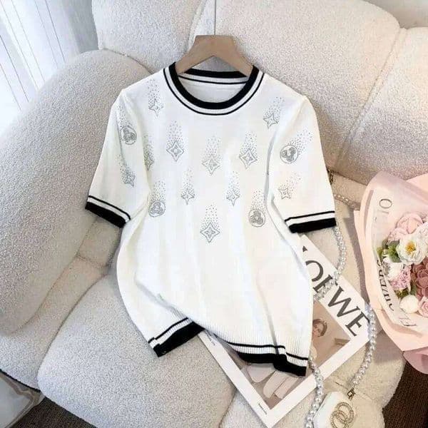 Diamond Knitted Shirts Women Summer Knit T-Shirts Short Slve Knitwear White Black Thin Pullover New S260526