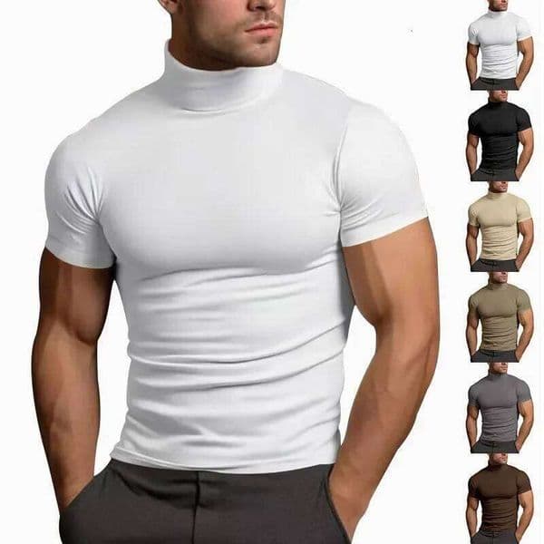 Summer fashions solid color short-sleeved fashion bottoming shirt men's tight turtleneck T-shirt 26H0505