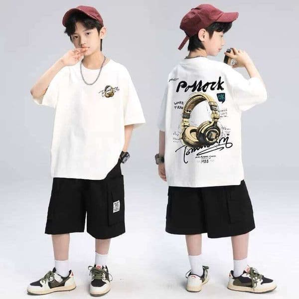 Personalized earphone cartoon print summer casual cotton comfortable round neck short sleeved T-shirt top 26W0505