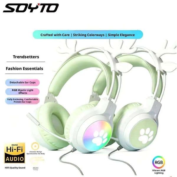 SOYTO RGB Wired Deer Ear Gaming Headset Over-Ear Headphones with Mic Noise Cancelling Deep Bass for PC Computer Gamer PUBG Game Y260525