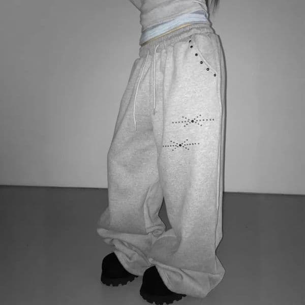 Retro Street Drawstring Casual Pants Vintage Harajuku Rhinestone Straight-Leg Pants High Waist Hip Hop Sweatpants INS style 260430
