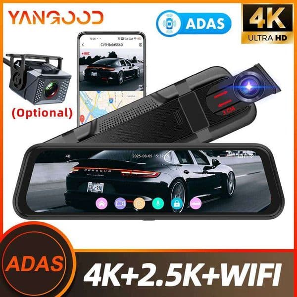 Yangood Dashcam 4K Mirror Dual Channel 9.66 Inch IPS Touch screen Car DVR Camera 2.5K ADAS Loop recording 24H Marking Monitoring