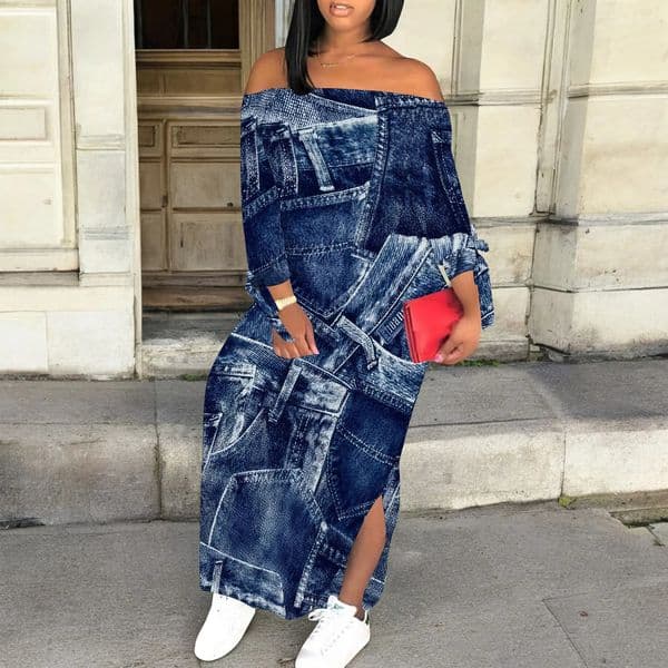 Denim Retro Print Long Sleeve Slim Fit Elegant Casual Slit One-Shoulder Neck Dress 260430