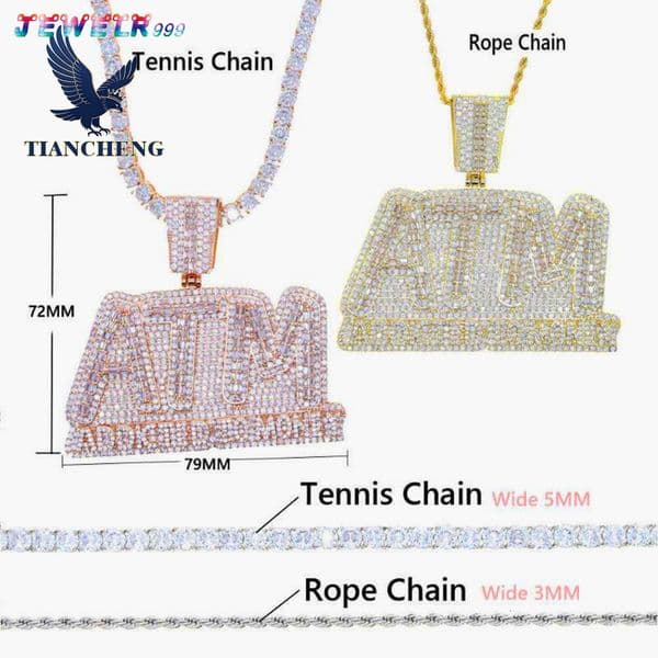 New Iced Out Bling Letters ATM Addicted to Money Pendant Necklaces Gold Plated AAA MoissaniteVVS 5mm Tennis Chain Mens Hip Hop Jewelry