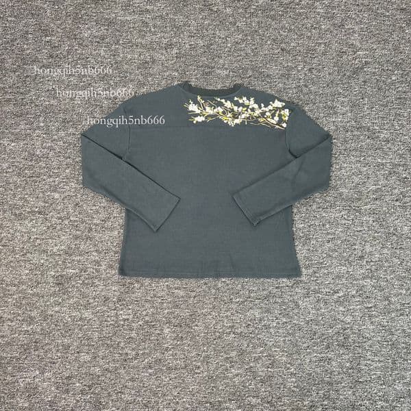 2025 New European and American Style Derschutze Blossom Embroidered Cherry Blossom Waffle Long Sleeve Trendy Couple Shirt 8dc bf