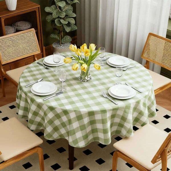 Round Green and White Cloth Plaid Table Cover for Party Camping Picnic Wedding Circle Tablecloth Diameter 26Y0506