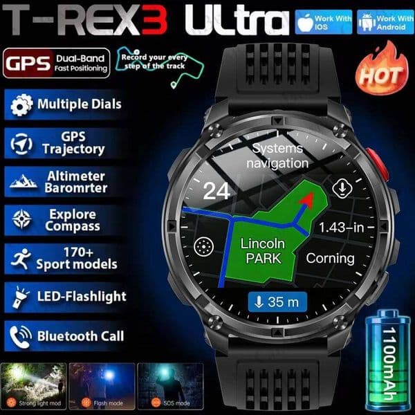 2026 New T-Rex3 Pro 1100mAh Battery Smart Watch GPS path 5ATM Waterproof Sports Run tracker Outdoors Compass Smartwatch 26Li0506