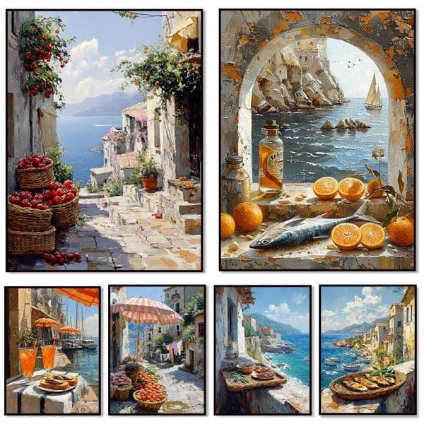 Mediterranean alley painting, seascape, lemons, jug, oranges and fish rural coast scenery, country port, nautical scene poster 26L0505