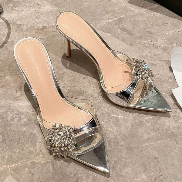 New pointed rhinestones with sandals womens stiletto open-toed high-heeled half-slippers fashionable to wear outside H260506