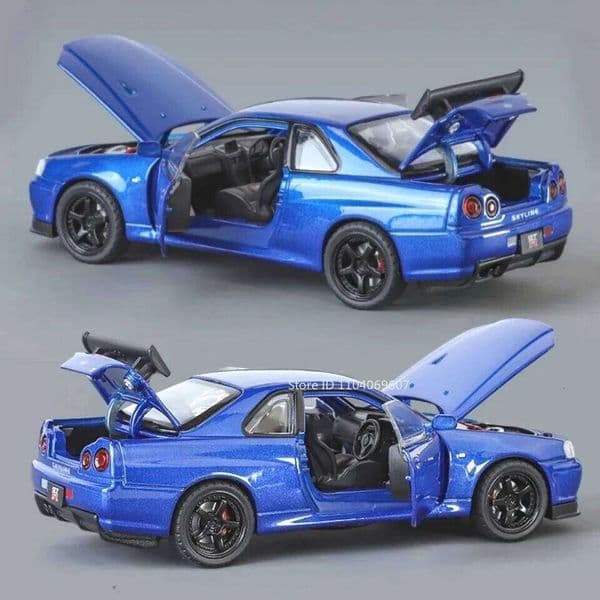 1:32 Scale SKYLINE GTR R34 Sports Car Model Toy Metal Diecast Pull Back Supercar Models Sound Light Ornaments Kids Adults Gifts 26H0506