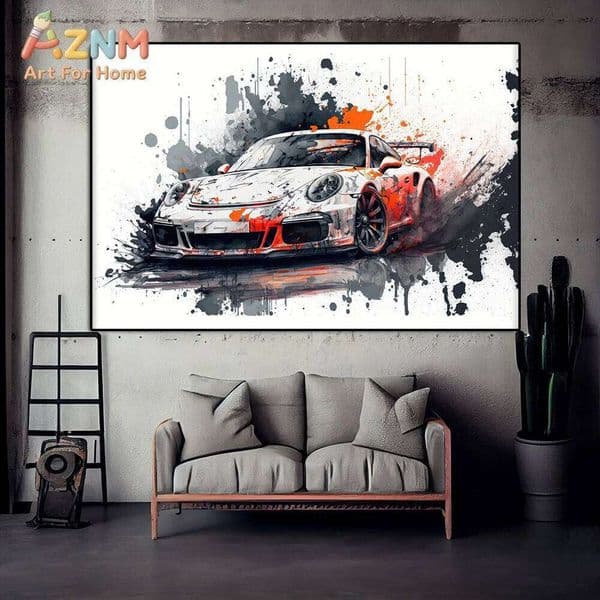 AZNM Porsche 911 GT3 RS Art Wall Print, Single Unframed Canvas Poster, Modern Abstract Ink Splash Sports Car Artwork for 26L0505