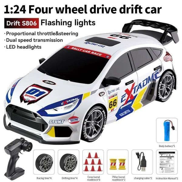 1:24 4WD Drift RC Car with LED Lights, Replaceable Tires, 2.4G Remote Control, 2 Speed Modes, Rechargeable Toy for Kids & Adults 26Y0506