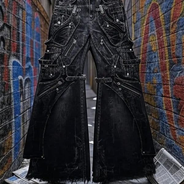 Streetwear Goth Punk Multi-Pocket Cargo Jeans Mens Black Distressed Flared Denim Pants with Straps Zippers Studs Frayed Edges 260506