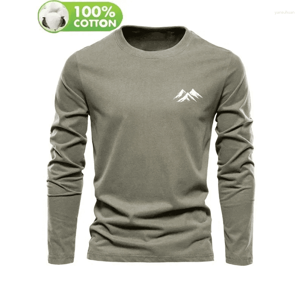 Men's T Shirts Pure Cotton Loose And Comfortable Casual Sports Simple Mountain Pattern Printed Round Neck Long Sleeved T-shirt Top