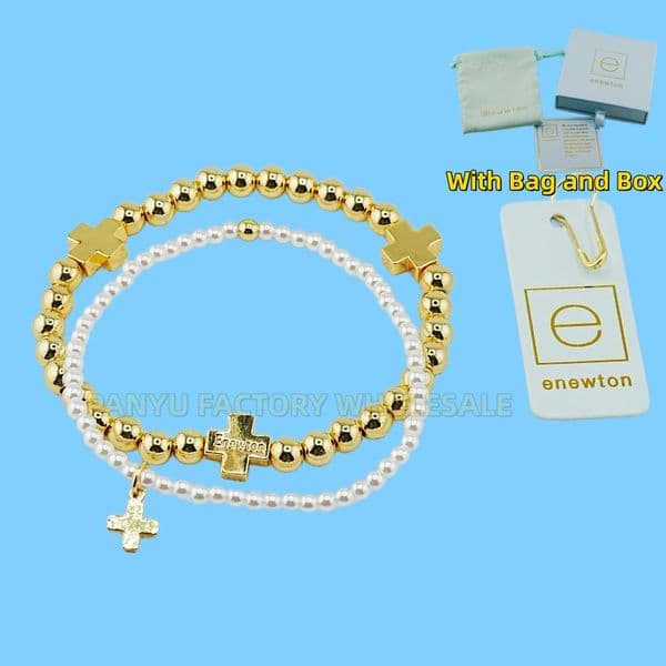 Enewton 2pcs Set Waterproof 18K Gold Filled Beaded Stretch Stackable Cross Pearl Bracelet Gift Box & Bag EN257