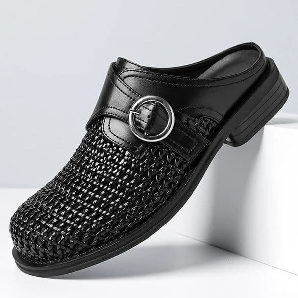 Mens Summer Woven Leather Mule Slippers Breathable Hollow Out Slip-On Shoes with Non-slip Rubber Sole for Casual Business 260506