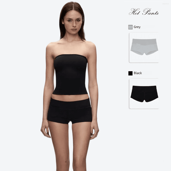 Women's Shorts Tank Low-rise Skinny Grey With Black Wide Waistband Elastic Waist Design And 3D Pocket Super Short Style.