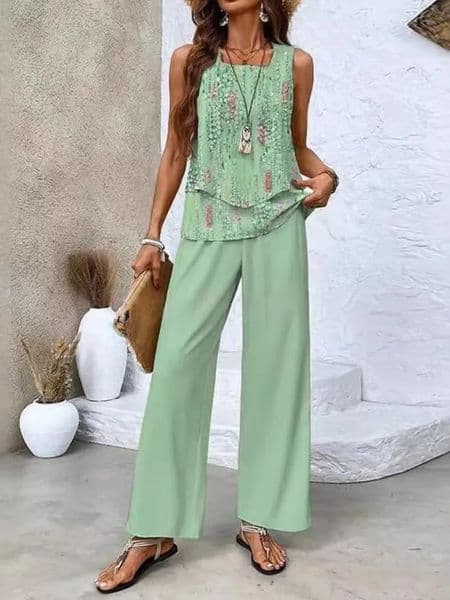 Summer Print Women Two Piece Set Fashion Top Sleevelss Elegant Suits Casual Office New Holiday Suit 2 Piece Set 240814wtt