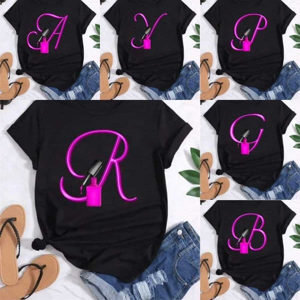 Creative 26 Letters Combination Fashion Women T-shirt Nail Polish Letter Font A B C DShort Slve Tops Female Ts Nail Sn L260505