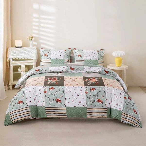 Green Patchwork Printed Duvet Cover Set Breathable and Soft Suitable for All Seasons Includes 1 Duvet Cover and 1-2 PillowcasesJ260506
