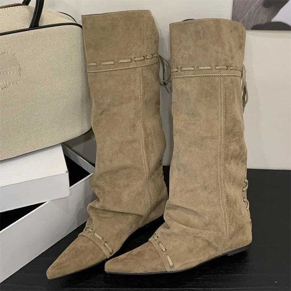 Aneikeh Autumn Winter Pointed Toe Women Knee-High Boots Punk Vintage Designer Lace-up Insoles Height Wedges Heels Shoes L260505