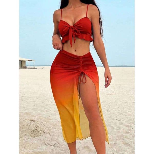 2026New 3 Pieces Tie Dye Knot Front Bikinis Women Ruffle Swimwear Female High Waist Swimsuit & Drawstring Beach Skirt Bathing Suit 26H0506