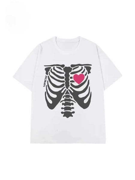2025 Summer Fashion skeleton heart-shaped printed T-shirt casual and loose short-sleeved cotton couple tops for men and women H260506