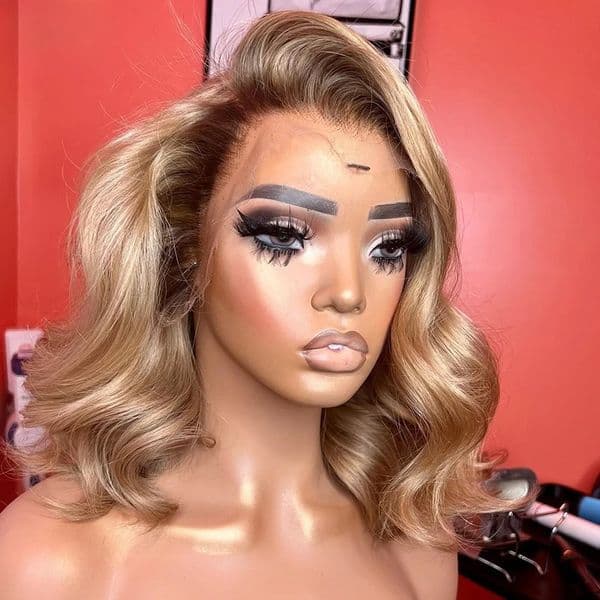 Ombre Ash Blonde Short Bob Body Wave Human Hair Wigs with Brown Root 13x4 13x6 HD Lace Frontal Wig Glueless Pre Plucked Ready To Wear on Clearance Sale