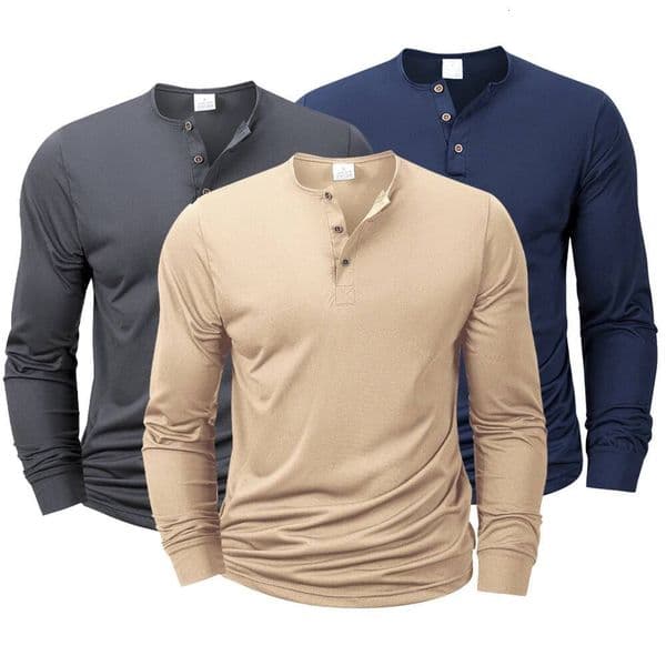 Men's Long Sleeved Henley T-shirt Slim Fit Bottoming Shirt Fitness Tops Tees Button Neck Casual Cozy Tshirt dongdumaoyi