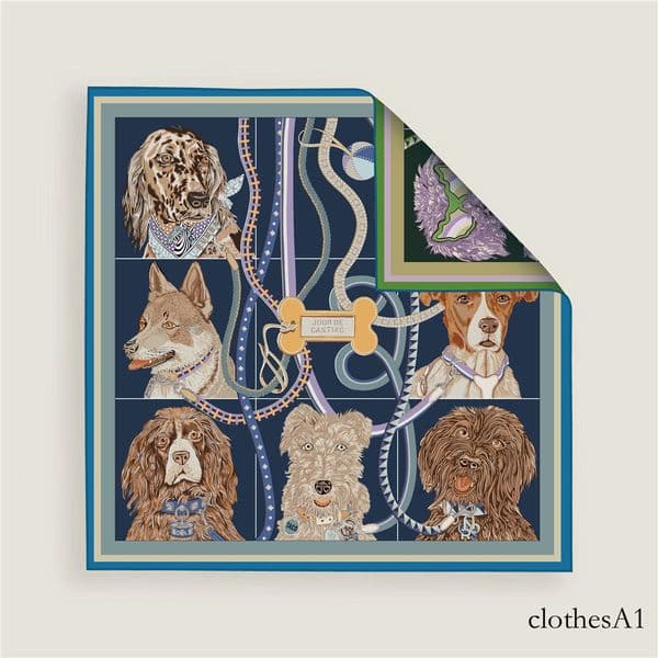 New French-style versatile square scarf with dog head decoration, 70cm, women's faux silk hand-rolled edge, all-polyester handkerchief