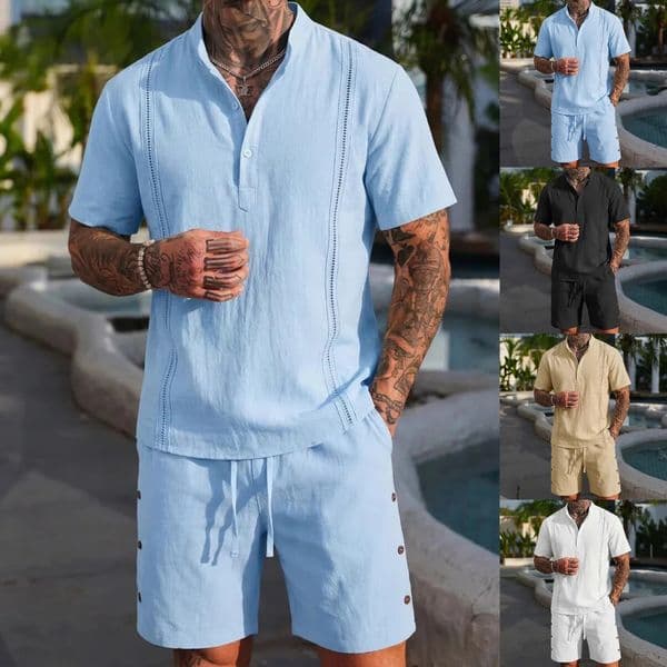 Summer -selling mens cotton and linen fashionable casual personalized breathable short-sleeved short pants set 260429
