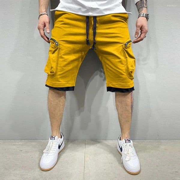 Men's Shorts Mens Summer Cargo Cotton Workout Fitness Breathable Jogger Training Gyms Bodybuilding Multi Pocket Yellow